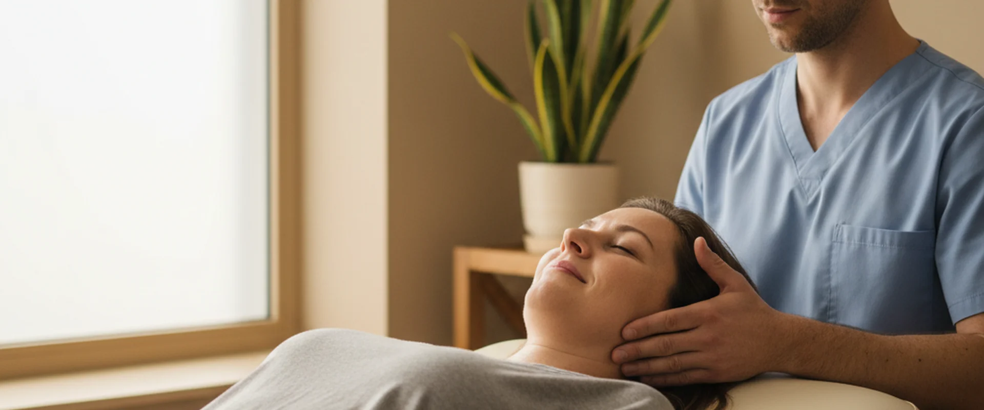 Patiente recevant un traitement crânien ostéopathique pour la migraine